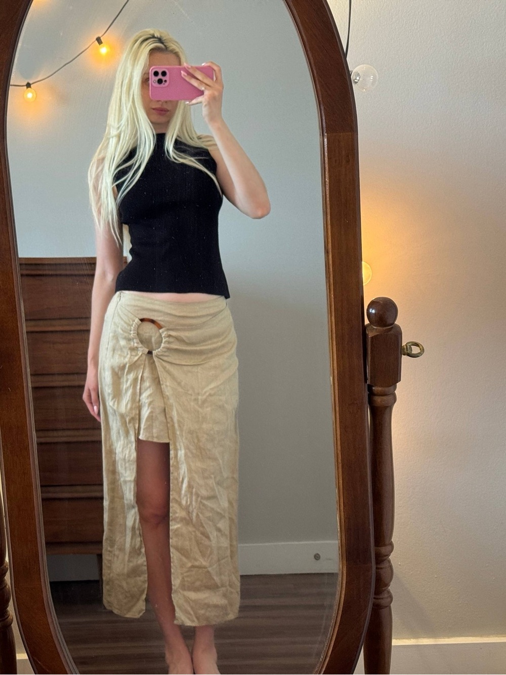 Zara Linen 100% Beige Ring-Detail Midi Skirt